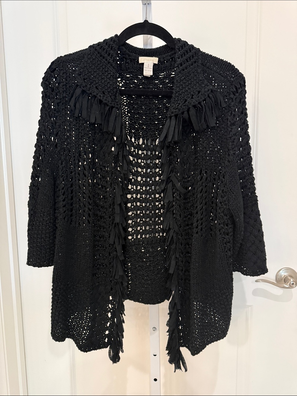Chico's Black Open-Weave Fringe Cardigan